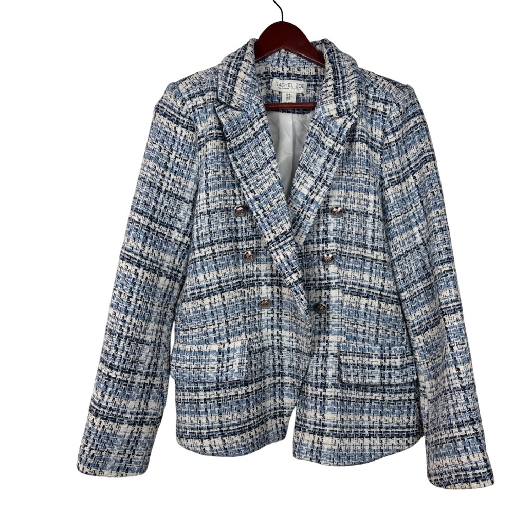 Rachel Zoe Womens Medium Plaid Tweed‎ Blazer Blue White Black Professional